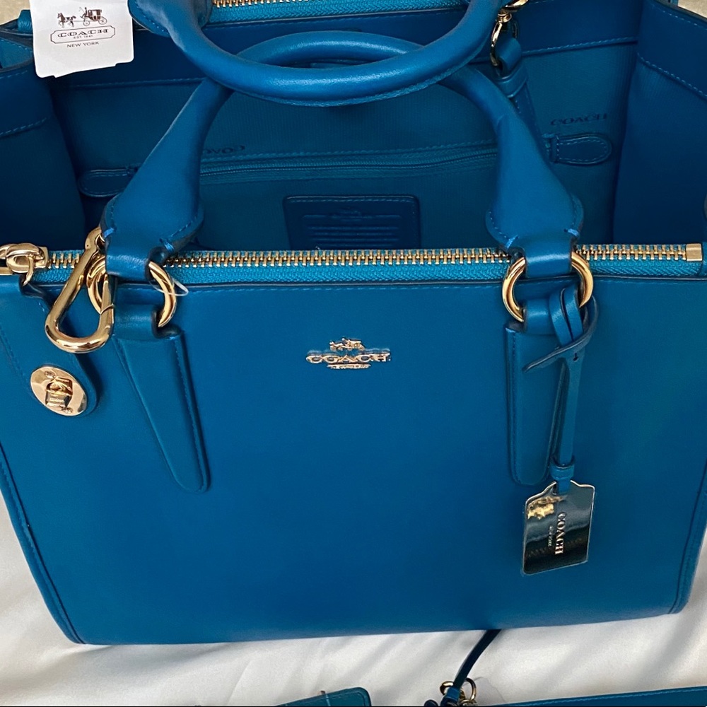 Turquoise Coach Structured Tote Shoulder Bag